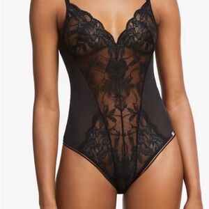 Black Lace Mesh Bodysuit with Convertible Straps and Snap Closure